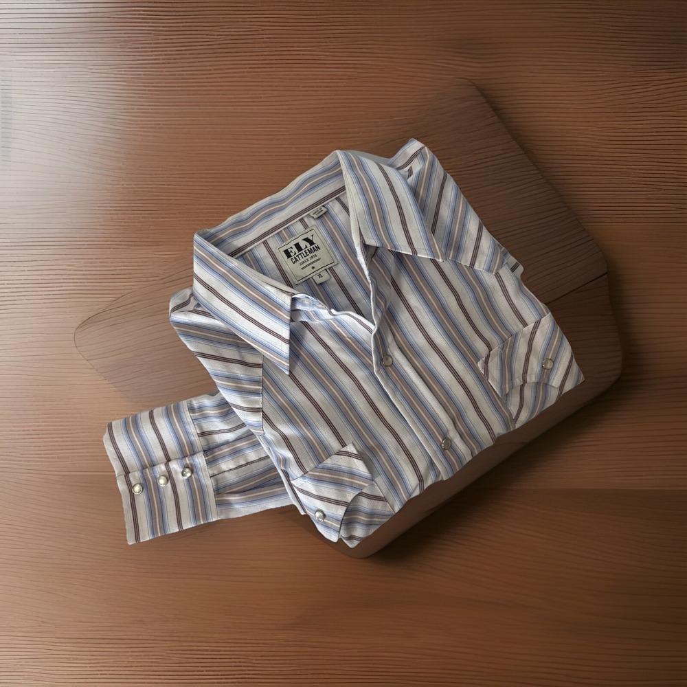 Ely Cattleman Pearl‎ Snap Men's Shirt Blue Stripe Western Casual Size XL